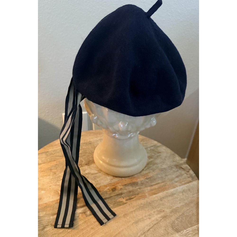 Custom Made Beret Women OS Navy Blue Excellent Italy Cotton Striped Ribbon Bow - Picture 4 of 8